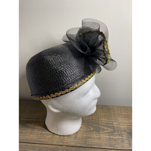 Black Woven Mesh Pillbox Hat Gold Trim bow Elegant Church Formal kentucky derby - Picture 2 of 7
